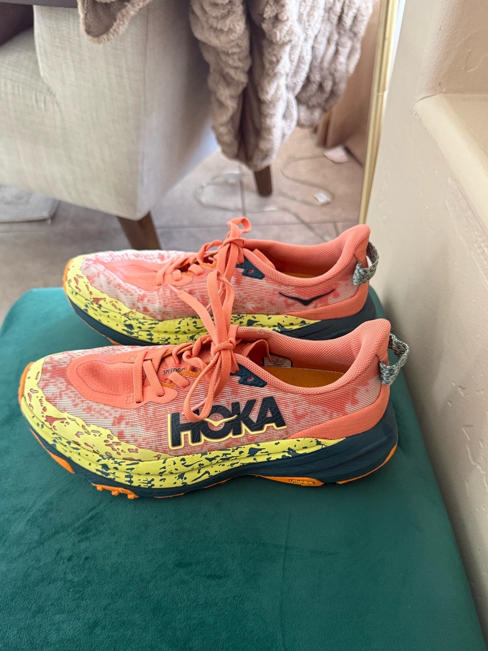 HOKA Women's Speedgoat 6 Running Shoes Feldspar Blue Twilight Coral Yellow